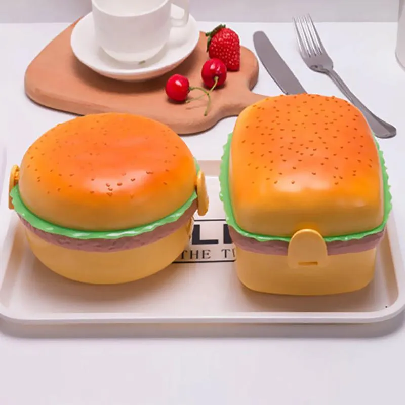 Diny Sets Creative Cute Cute Hamburger Lunch Box Dubbele laag Bento Burger Boxes Children School Container servies set met vork kinderendinne