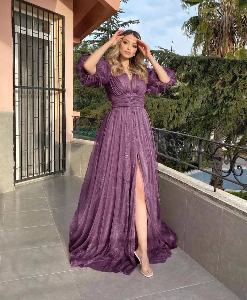 Casual Dresses Half Puff Sleeves Prom V-ringen veck Chiffon Princess Aftonklänningar Kvinnor Party Dress Purple 2022 Maxi DressCasual