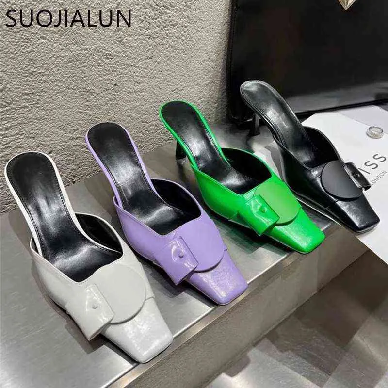 Suojialun Zomer Mode Merk Vrouwen Slipper Dunne Hoge Hak Ondiepe Slipe Muilezels Schoenen Gesp Dames Sandalen Mujer 220509