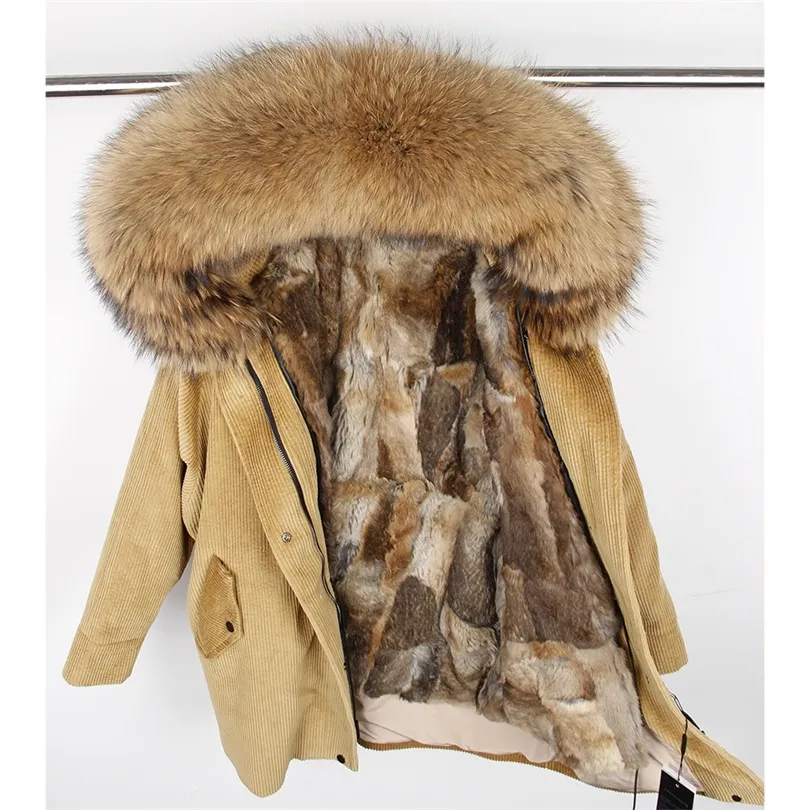 Winter Natural Rabbit Fur Lining Jacket Coat Women Parka Pur Coat Corduroy Real Raccoon Sur Collar Warm Parkas CJ191206