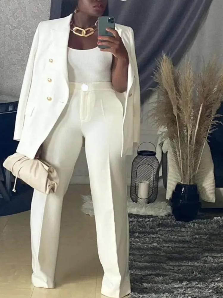 Women's Two Piece Pants AOMEI Elegant Women Blazer Sets Buttons White Wide Leg Pant Suits Autumn Fashion Casual Professional Office Business