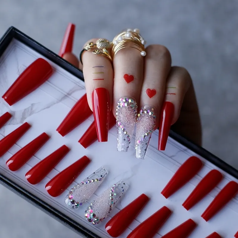 Red acrylic nails coffin with glitter deals