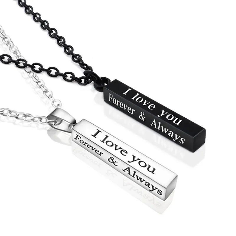 Stainless Steel Couple Lovers Necklace Pendant Square Men's Women's Lady's Silver Black Gold I love You Forever And Always Wedding Wishing Charm Jewelry With chains