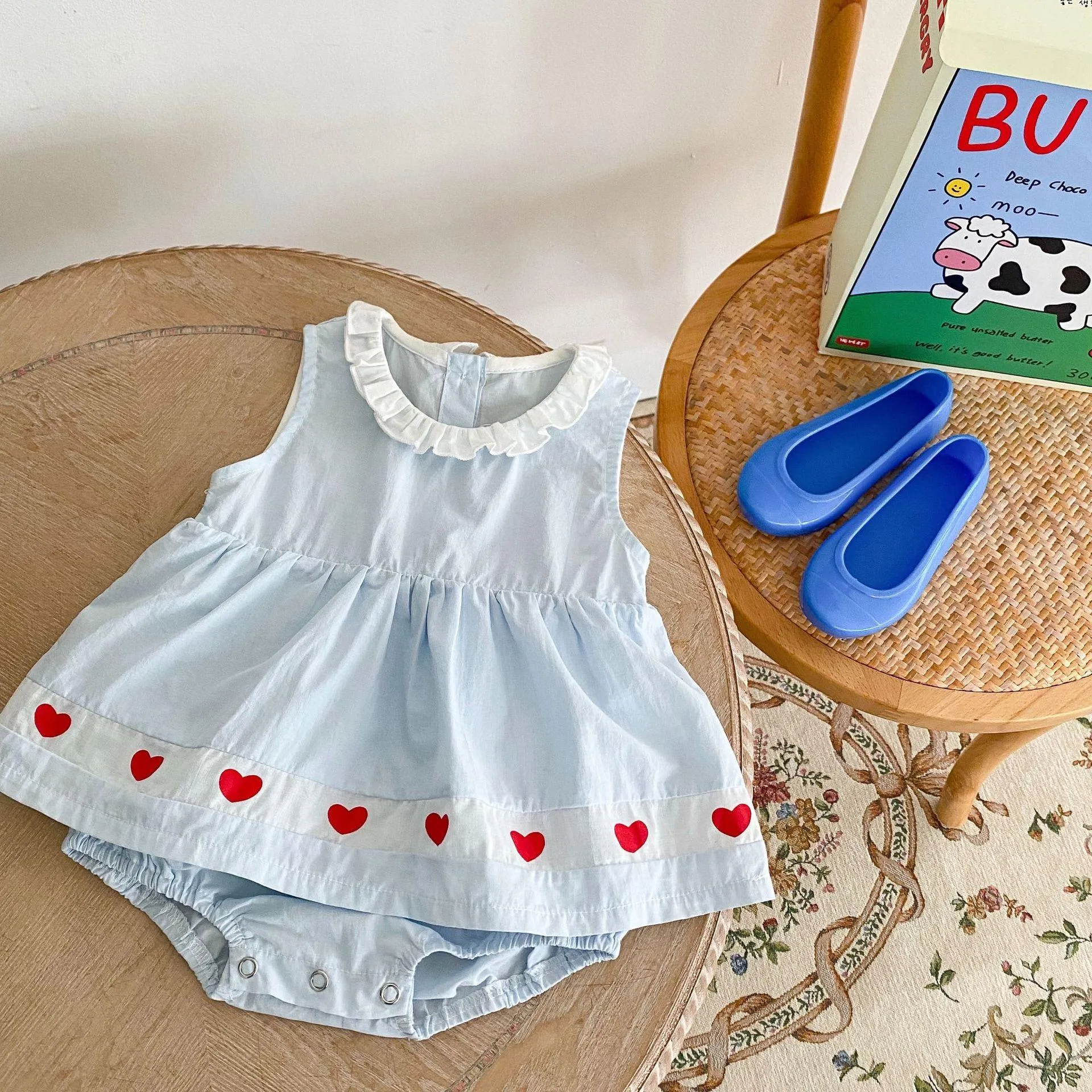 Ins zomer rompers korte mouw blauw liefde hart klimmen romper baby meisje kleren 0-24m