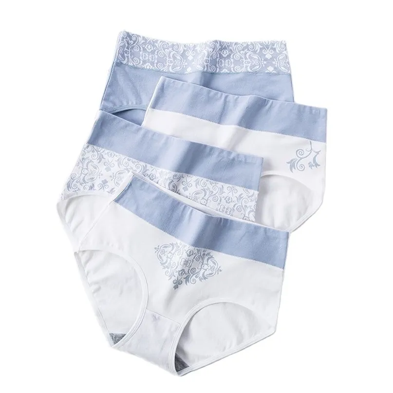 LANGSHA 4Pcs / lo Mutandine a vita alta Cotone da donna Biancheria intima dimagrante Carino Stampa Slip senza cuciture Sexy Mutande traspiranti per ragazze 220426