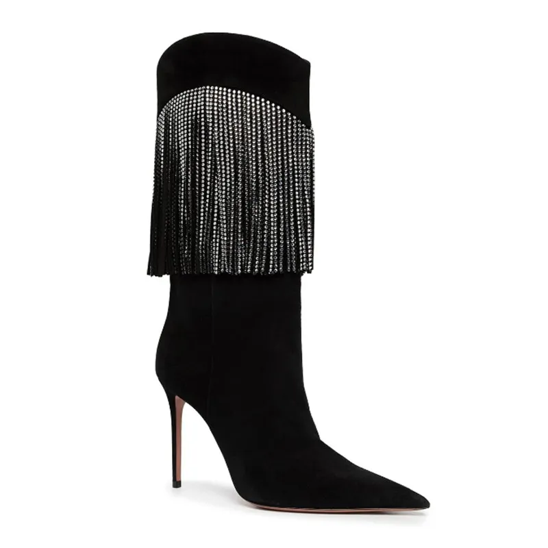 Stile in pelle di pelle di pecora in pelle scamosciata 2022 saccheggiatura punta stivali caviglia con boot da booties gust per feste per feste da festa 7 cm tacchi a spillo tacchi diamanti zircone rino stimone 61108