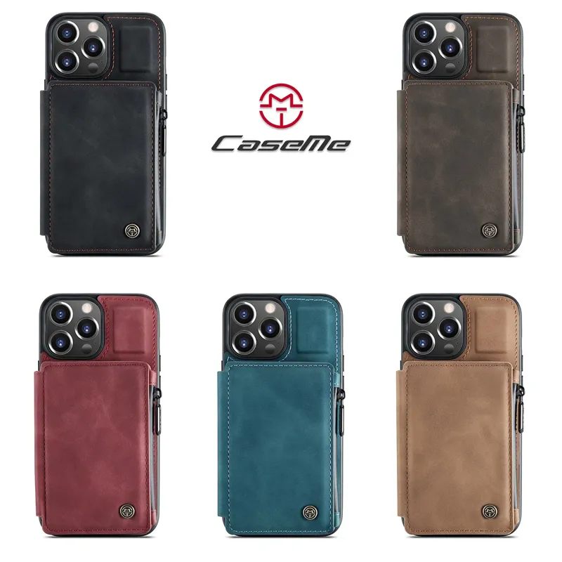 Étuis multifonctionnels en cuir pour portefeuille Caseme pour iPhone 13 12 11Pro Max XR X 8 Plus SE Fente multi-cartes Zipper Soft TPU Étui de téléphone étanche Samsung S10 S20 S21 S22