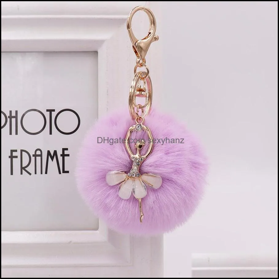 fuzziness pompom plush key ring high quality fur pompoms dancing angel keychain fluffy rabbit ball keyfobs pendant keyring