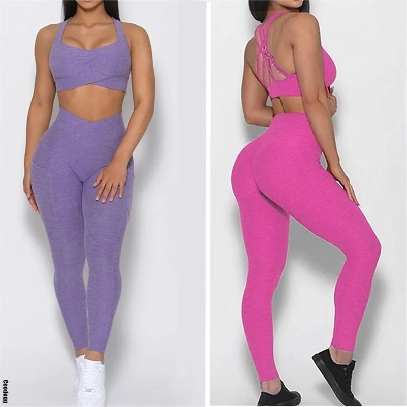 Back Mental Contour Yoga Set Cross V High Waist Scrunch Push Up Squat Proof Pant Sports Bra Fitness Gym Active Suits 220330