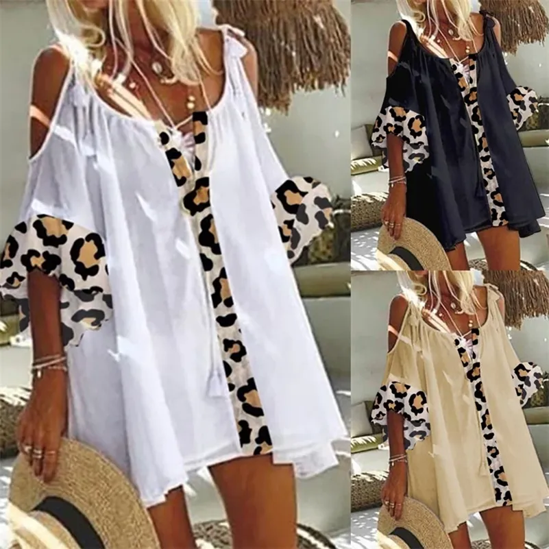 Summer Women's Leopard Print Tops Casual Loose Off-shoulder Large Size Top T-shirt Fashion Trend Solid Color Midi Sleeve 220321