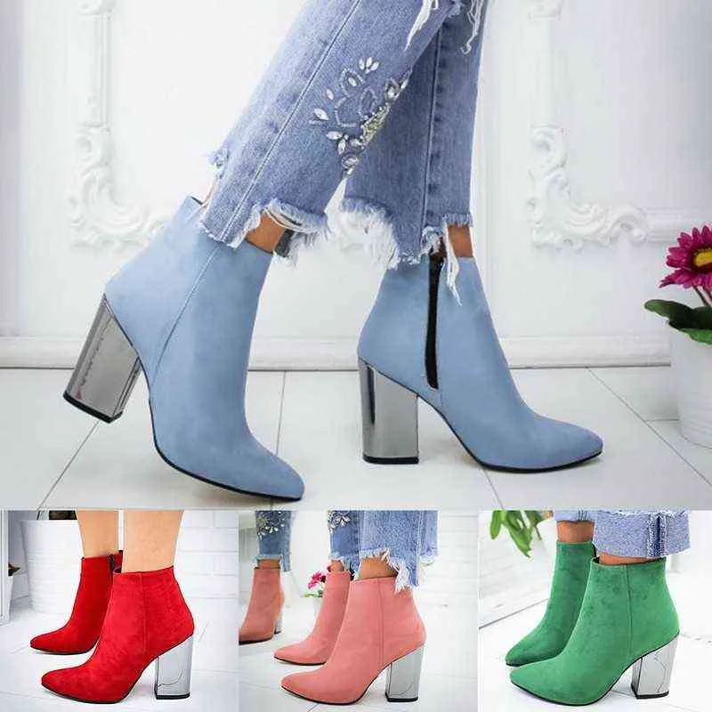 Botas de tornozelo mulheres saltos altos de grossa ponta pontual de cowboy western shoes de couro azul vermelho verde para senhora Tamanho do outono 43 Y220706