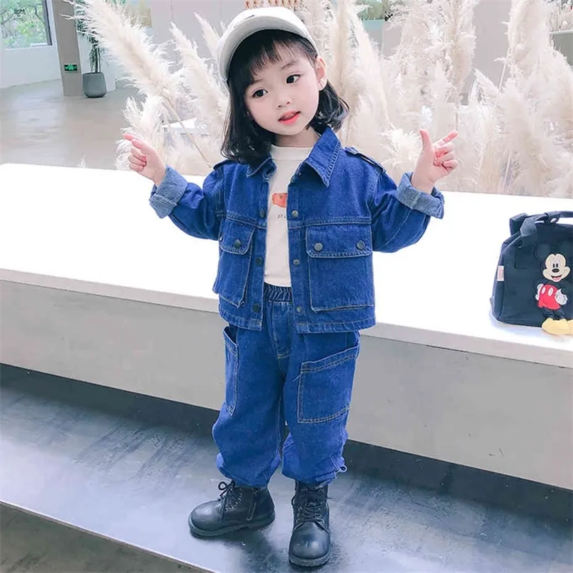 Kinder Kleidung Denim Jacke Jeans Anzug für Mädchen Einfarbig Große Mädchen Kleidung Frühling Herbst Kinder Kostüm 210412