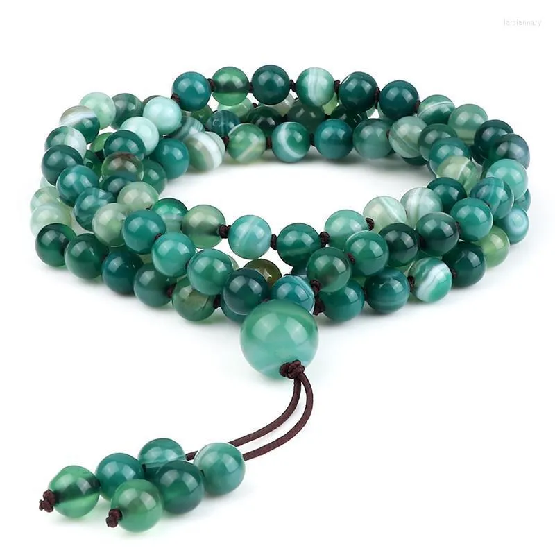 Beaded Strands Charm 108 Beads Elastic Knot Bracelet 6mm Natural Green Striped Agates Stone Prayer Mala Necklace&Bracelet For Women Men