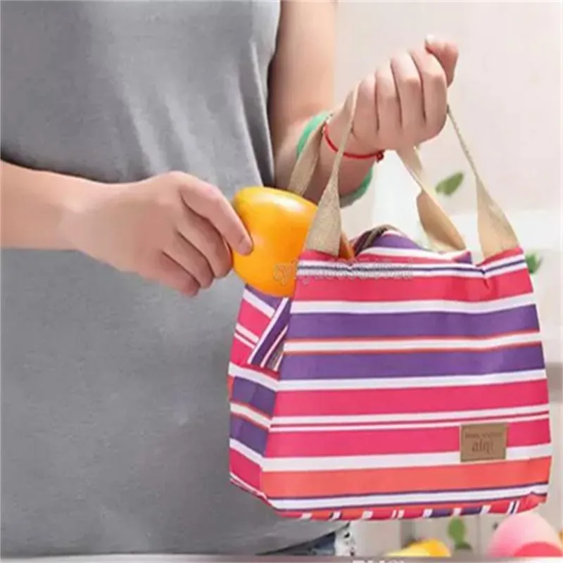 Lunch Totes Bag Thermal Insulated Portable Cool Canvas Stripe Carry Case Picnic high quality