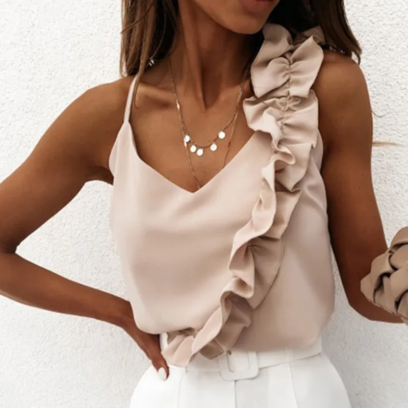 Dames Zomerblouse Shirts Sexy V-hals Ruffle Blouses Backless Spaghetti Strap Office Dames Mouwloos Casual Tops