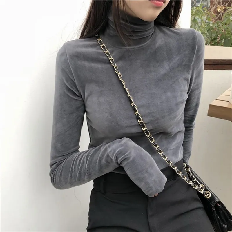 Women T Shirt Soft Fleece Velvet Turtleneck Shirt Solid Long Sleeve Autumn Fitness Vintage Girls Bottom Tops Clothing 220714