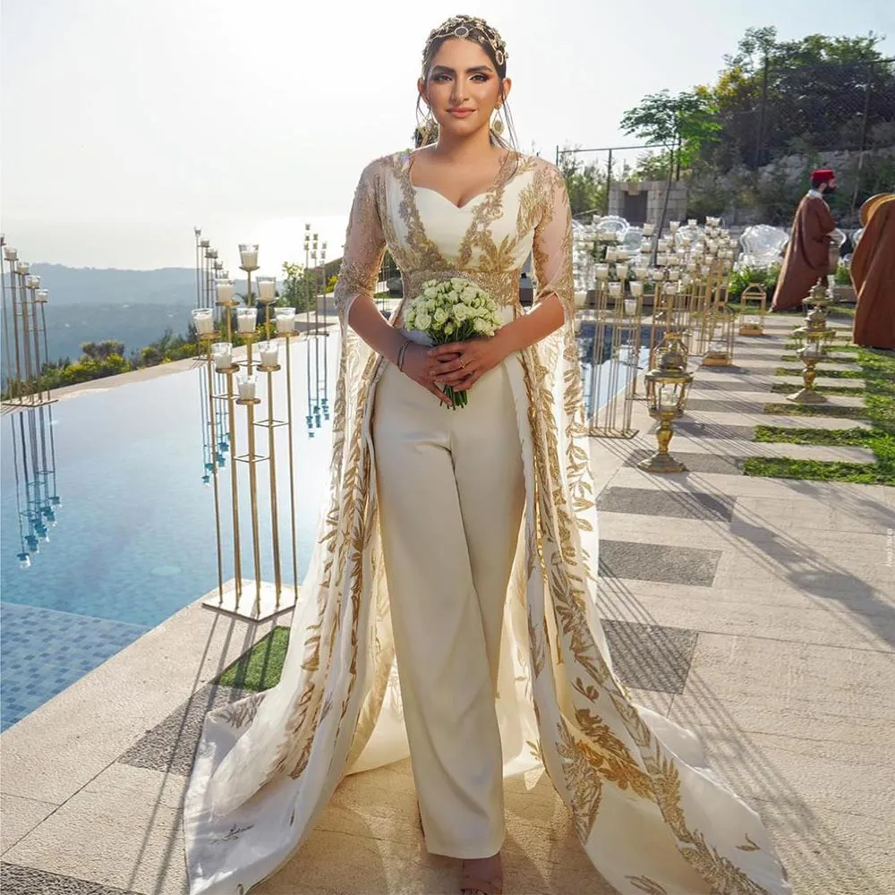 Sparkly overskirt trouwjurken met broek bruidsjurken lange mouwen jumpsuits jumpsuits sweetheart halslijn lovertjes satijn Arabisch vestido de novia