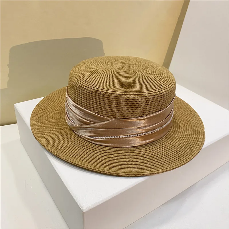 Grass Braid Women Beach Caps Wide Brim Silk Ribbon Hats Pearls Designers Lady Sun Cap Elegant UV Hat