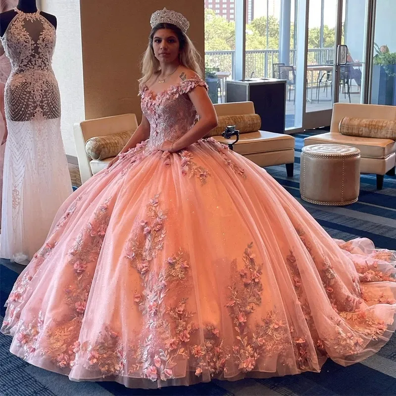 Peach Pink Floral Lace Quinceanera Dress Sweet 15 Prom Gown Bead Applique A Line Sweep Train 2024 Birthday Wear
