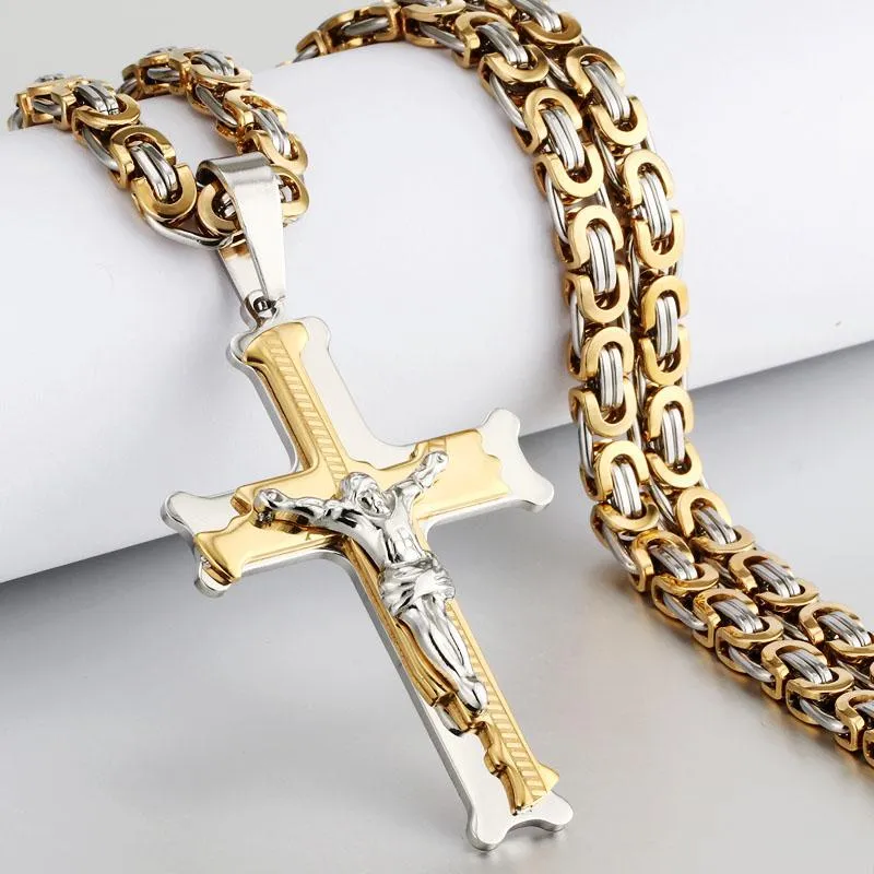 Hangende kettingen hangbare kettingen goud kleur vissen bot patroon kruis ketting mannen roestvrij staal kruisbeeld crucifix Jezus linkketen katholieke sieraden cadeaupendant