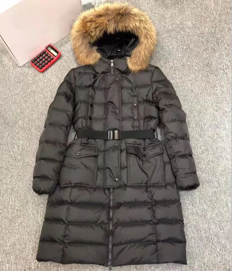 Women Khloe Long Down Jacket Designer Fox Fur Hood Outwear Winter Zipper Closure Belt Pockets Thick Warm Coat