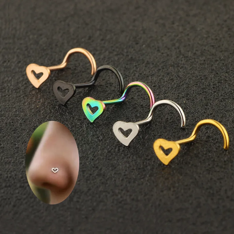 Fashion Stainless Steel Nose Studs Heart Shape Multicolor Nose Rings Hooks Piercing Body Piercings Jewelry