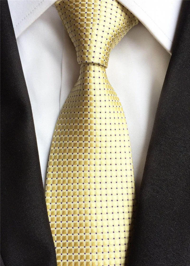 Bow Ties 8cm Men's High Quality Jacquard Woven Neck Tie Yellow Grids Checkered Plaids Neckties For MenBow