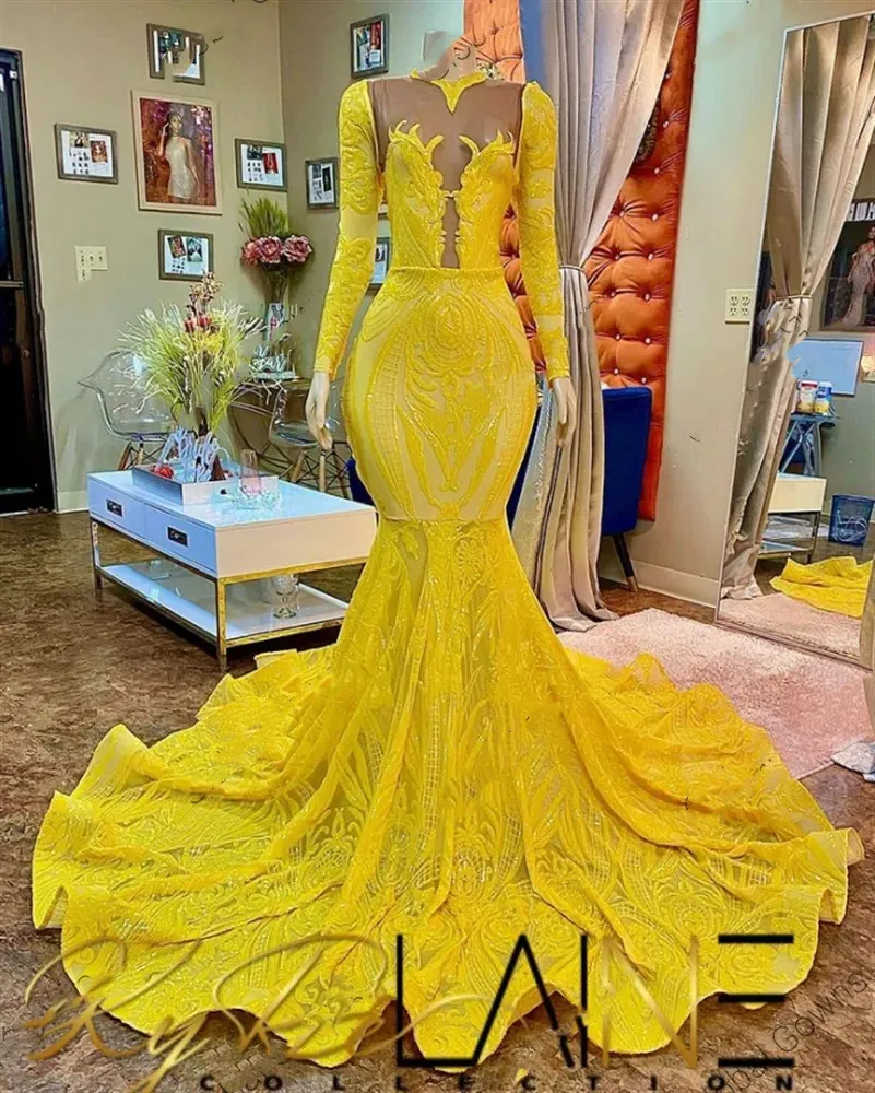 knee length dresses for ladies Ginger yellow Long-sleeves Metallic Beaded Mermaid Prom Dress High-nec –  Dbrbridal main image 1