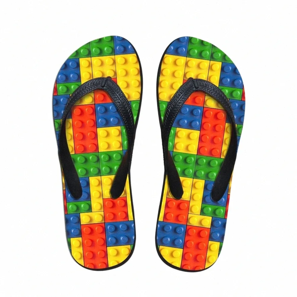 Anpassade kvinnor lägenheter hus slipper 3d tetris print sommar mode strand sandaler för tofflor kvinna damer flip flops gummi flipflops g3ic #