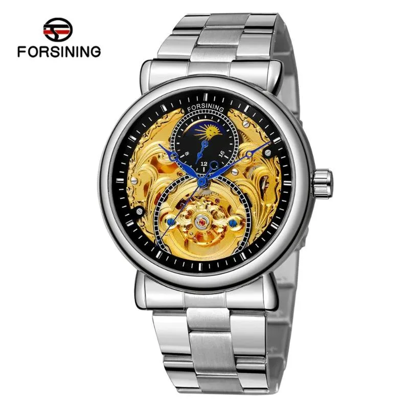 Montres-bracelets Forsining Luxury Design Gold Skeleton Watch Genuine Steel Strip Mens Mechanical Clock Male