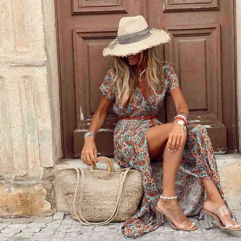 2022 Summer Boho Long Boho Maxi Dress Women Casual Paisley Print Belt Maxi Boho Maxi Dress Elegant V Neck Short Sleeve Womens Beach Boho Maxi Dress Vestidos G220510 From Yanqin03 9.84 DHgate.Com