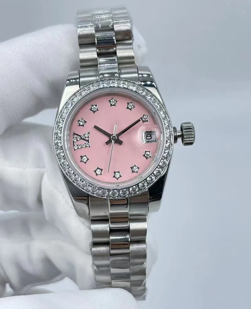 여성의 기계식 시계 운동 시계 다이아몬드 시계 28mm 모든 스테인레스 스틸 접이식 버클 시계 패션 공장 방수 손목 시계 Montre de Luxe