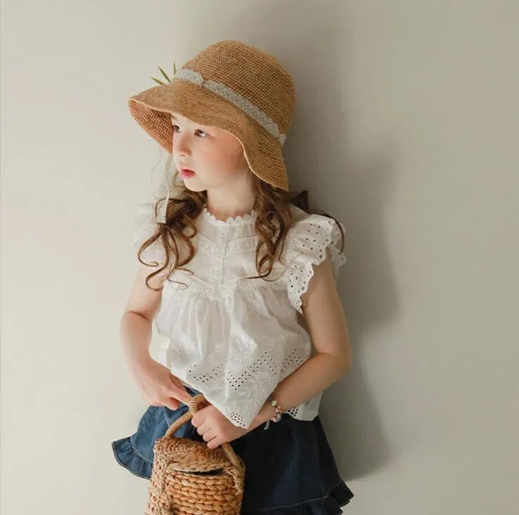 INS Girl Soft kids clothes Flying Sleeveless O-neck T-shirt Hollow Out O-neck Summer Exquisite style Princess TOP 100% cotton Clothing