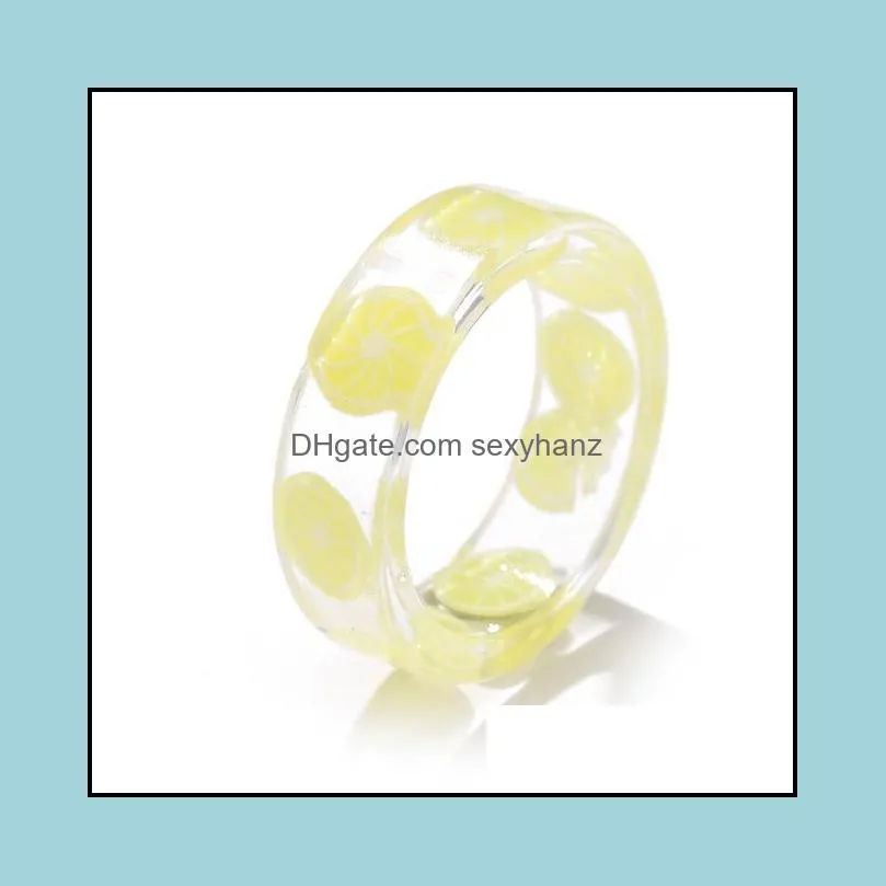 2021 bohemian summer fruit transparent resin acrylic ring for women girls design strawberry lemon finger jewelry party gifts