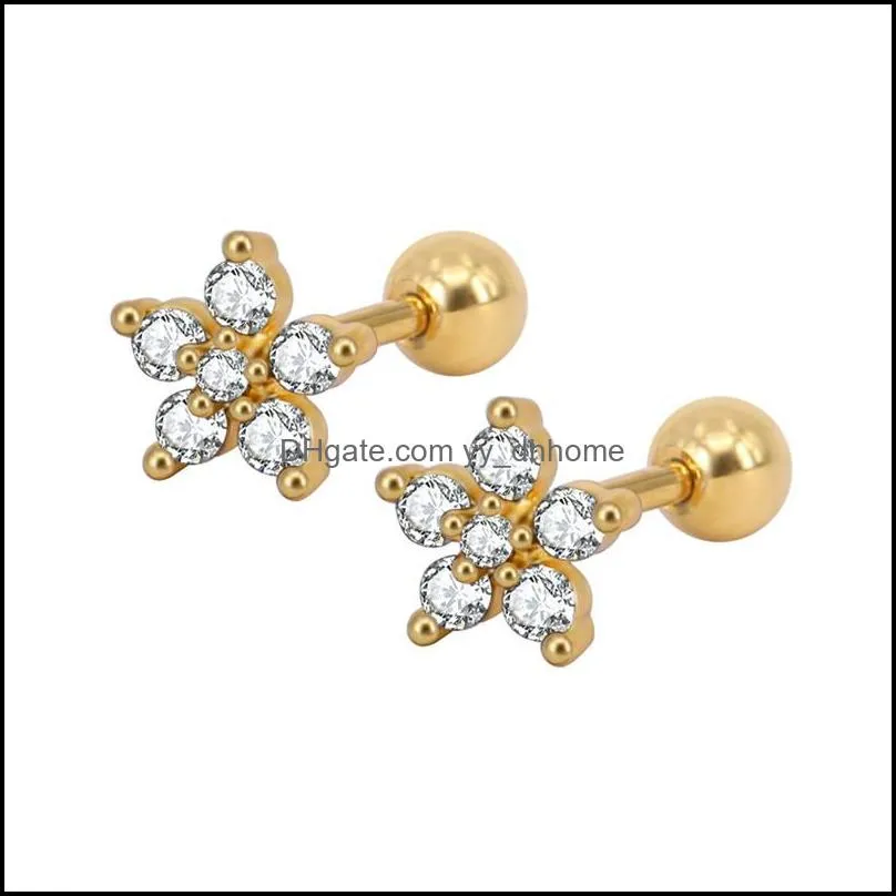 New Pink Blue Flower CZ Stud Earrings For Women Girls Cubic Zircon Silver Gold Color Lip Rings Nails Earring Wedding Bridal Design