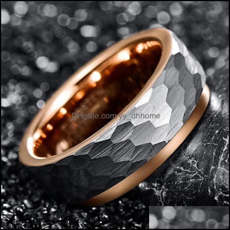 Wedding Rings 8mm Wide Tungsten Carbide Ring Side Step Rose Gold Plating Surface Hammered Steel Jewelry1