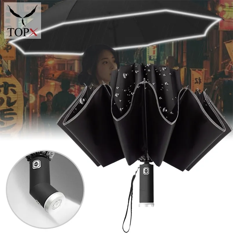 Lumière LED Parapluie Entièrement Automatique Pliant Portable Imperméable Coupe-Vent Élargi Fort Durable Parasol à Angle Réglable 220426