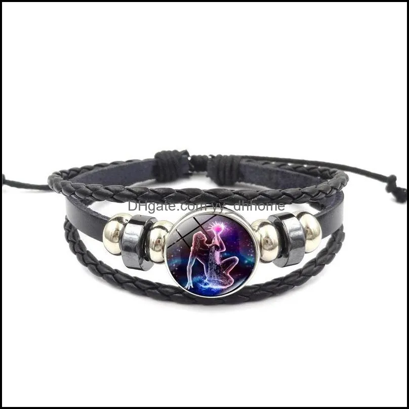 12 constellation jewelry with glass cabochon scorpio gemini zodiac signs bracelet handmade leather bracelet bangle for unisex