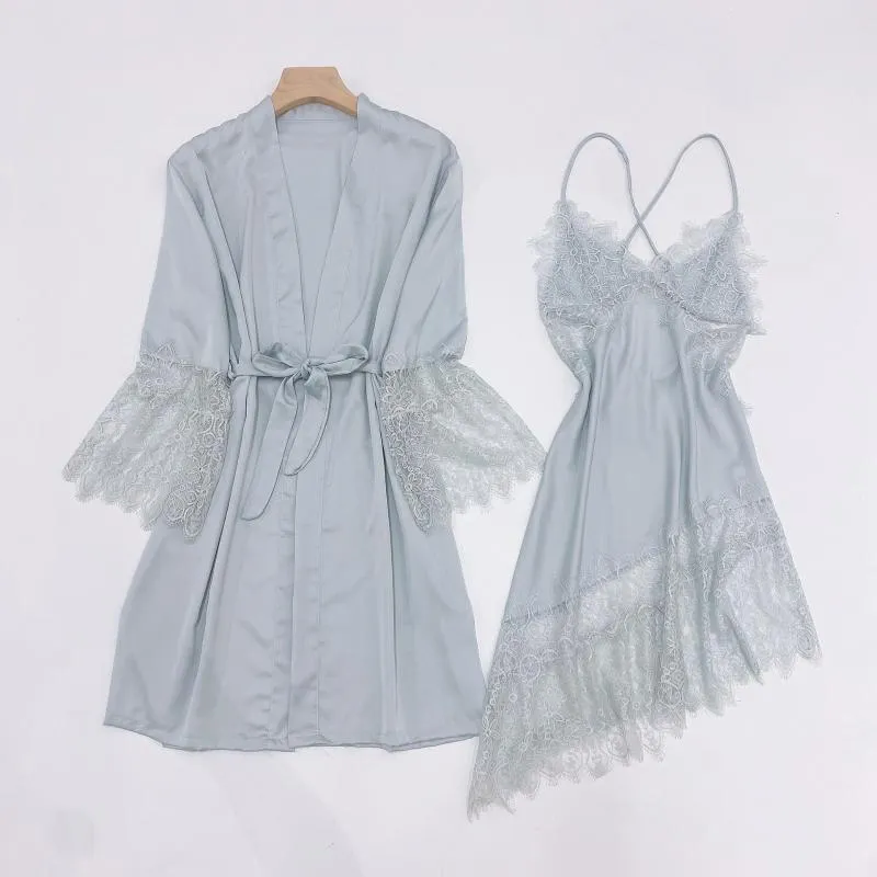 Pigiameria da donna Estate Donna 2PCS Kimono Accappatoio Abito Casual Intimo Lingerie Pizzo grigio Abito sexy Set Indumenti da notte in raso Abbigliamento per la casa