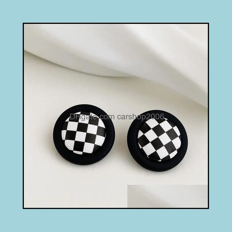 elegant black white plaid geometric stud earring for women 2021 chic metal square dangle earrings korean winter jewelry