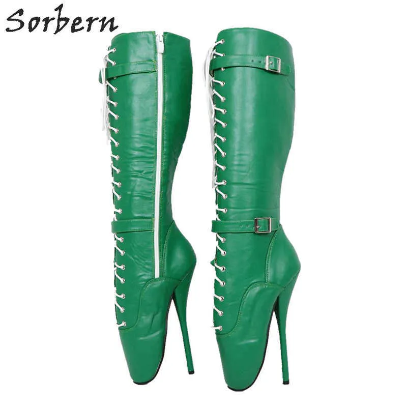 Sorbern Matte Green Mid Calf Stiefel Frauen Kreuz Schnürung Domina Sexy Fetisch High Heel Stiefel Custom Wide Fit Wadenstiefel Frauen