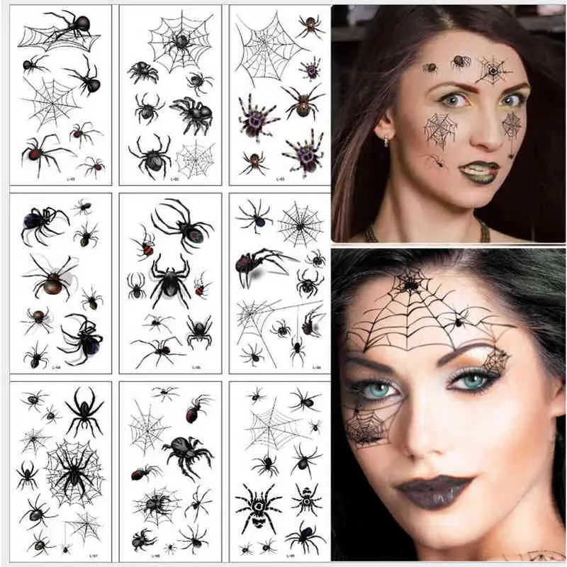 NXY Temporary Tattoo 10sheets Pack New Halloween Holiday Face Makeup and Terror Spider Scar Mask Design Fake Waterproof Sticker 0330