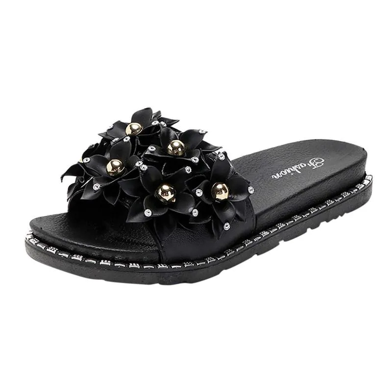 Sandalias chanclas atléticas para mujer, zapatos informales bohemios, zapatillas planas con flores para mujer, sandalias de playa a la moda de cristal para mujer