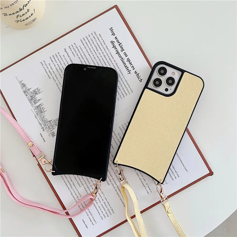 Halsband Lychee Grain Leather Phone Fall för iPhone 13 12 11 Pro Max 7 8 SE2 SE3 Justerbar Lanyard Strap Solid Color Mermaid Protective Shell Suffproof