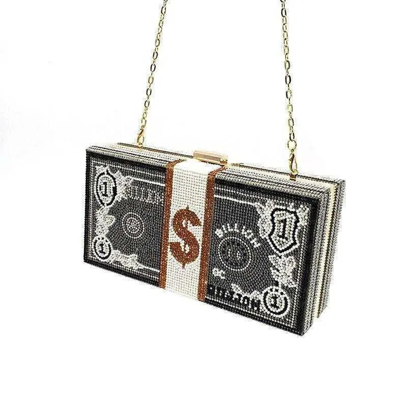 NO GIFT box women evening party stack of funny money purse crystal cross body cash dollar  bag Q1113