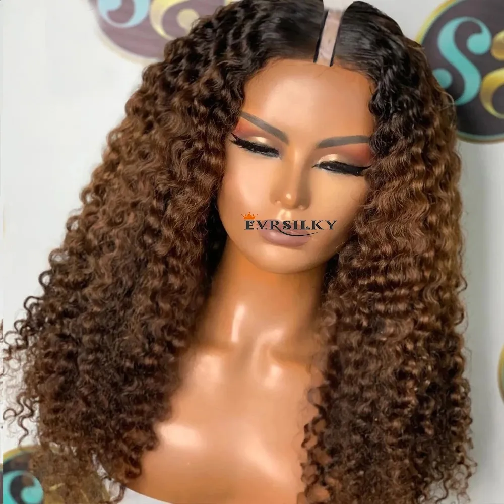 Markeer Chestnut Brown u onderdeel Wig Human Hair Glueless Afro diep krullende v -onderdelen Pruiken Krullen geen kant volle mahcine gemaakt 1x4 u vorm