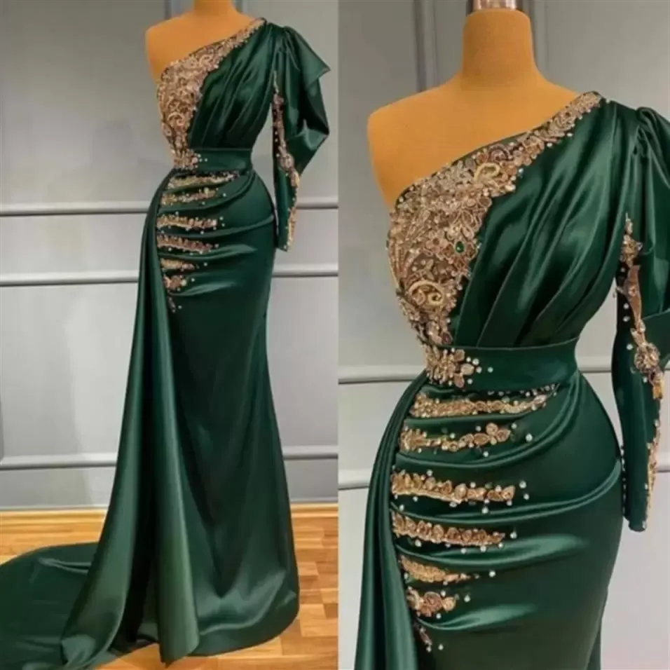 Nouvelle arrivée élégante vert foncé hors épaule robes de bal perlée cristal longueur de plancher haut côté fendu robes de soirée robe formelle sur mesure