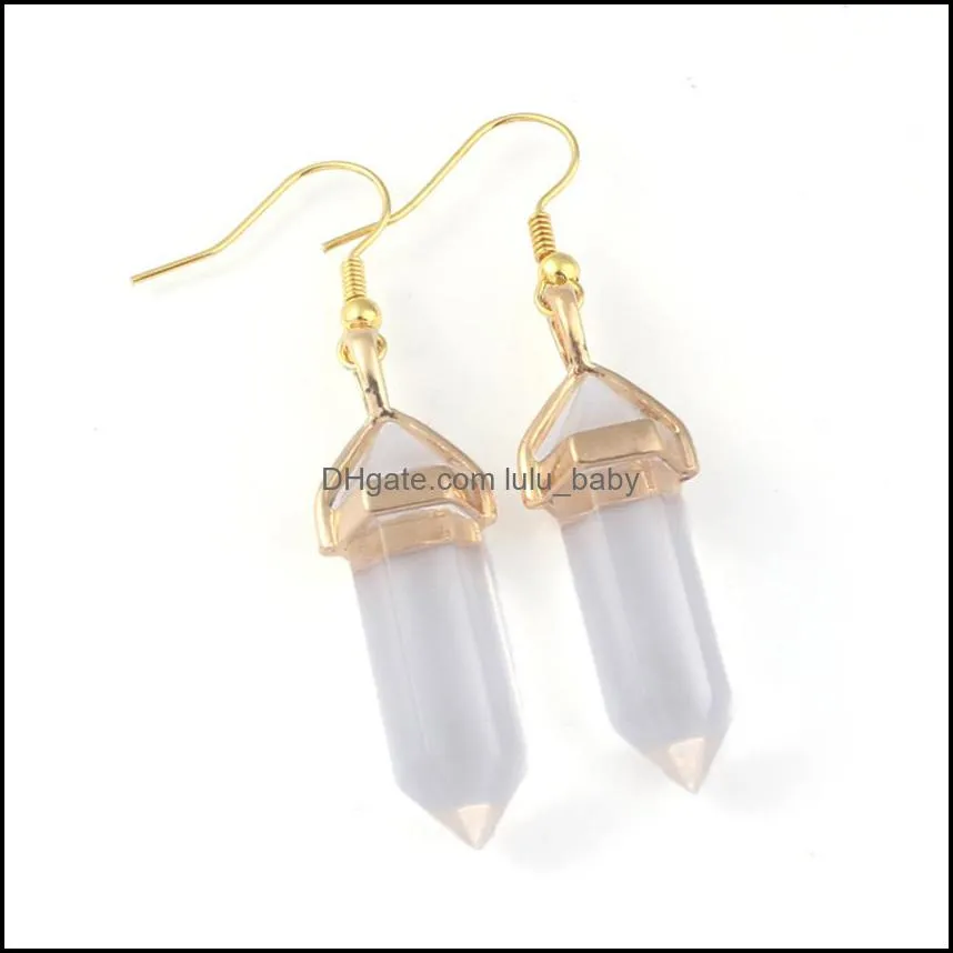 natural stone charms earrings bullet hexagonal pendulum dangle amethyst lapis quartz purple fluorite pink crystal earring wom lulubaby