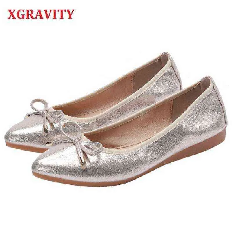 Scarpe eleganti Xgravity 2022 Bottone a farfalla Flat Ballet Donna Primavera Autunno Be Toe Silver Pieghevole A252 220715