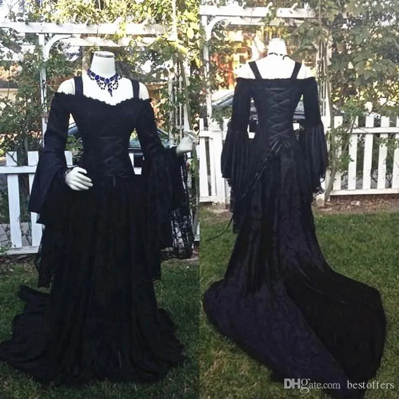 Ny gotisk stil sovande skönhet svart bröllopsklänningar från axlar långa puffiga ärmar spets korsett bodice bröllop brudklänningar anpassad plus storlek